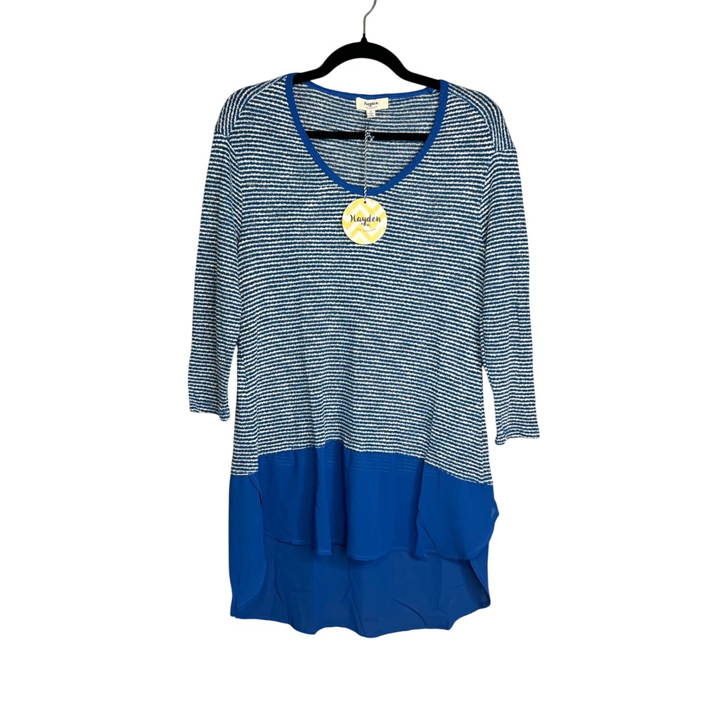 Hayden Los‎ Angeles Top Sz S Blue Striped 3/4 Sleeve High Low Chiffon Hem NWT